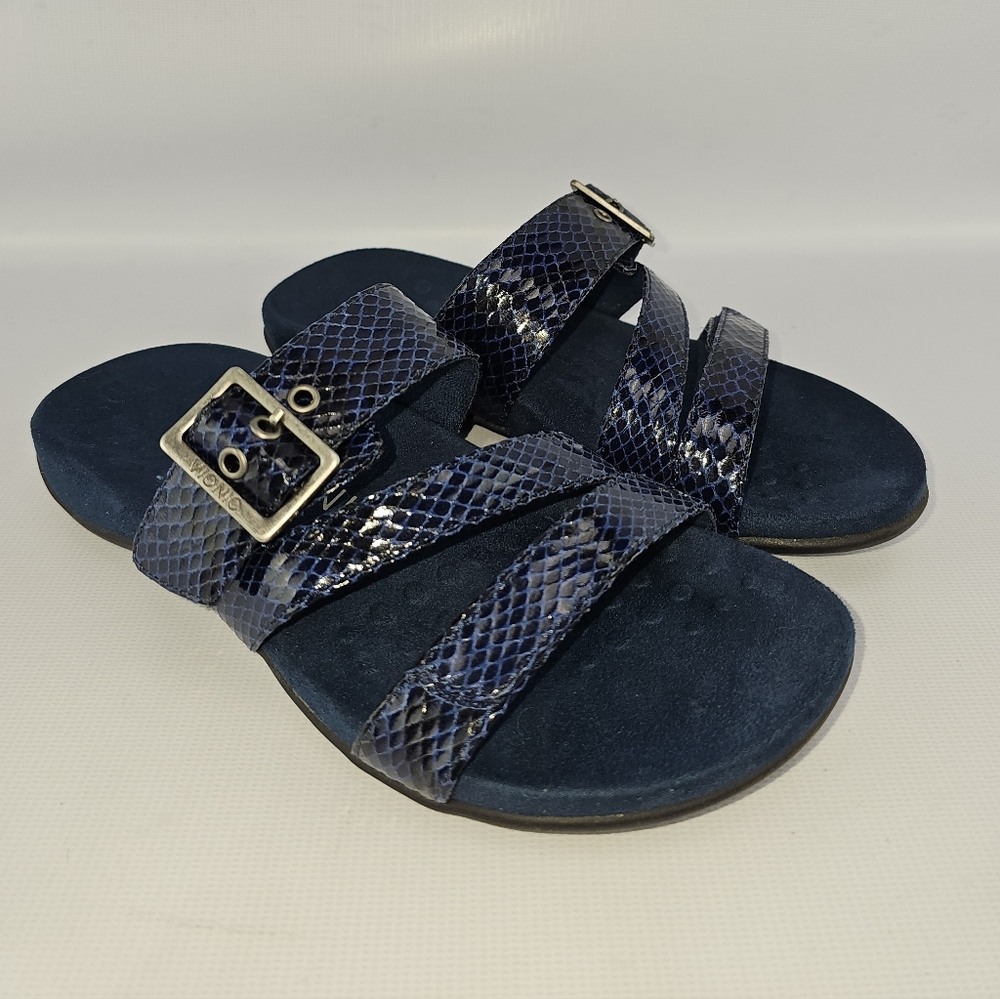 Vionic Skylar Women Adjustable Slide Orthotic Sandals Navy Snak Skin Embossed 7W